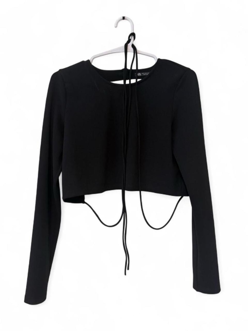 Zara Black Long-Sleeve Cropped Tie-Front Top